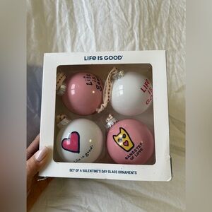 LIFE IS GOOD | 4 Love Glass Ball Ornaments Pink White Valentine Holiday Box Set